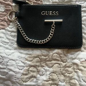 VTG GUESS Signature Small Black Leather Wallet Clutch Logo Silver Chain